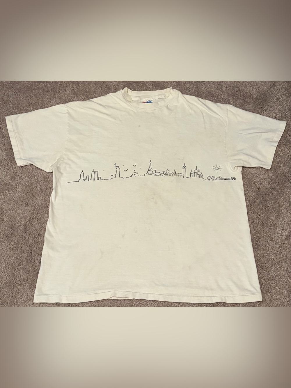 VTG France Airline Skyline Drawing Global Destinations Men’s White T Shirt Sz XL